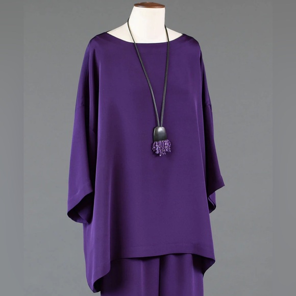 Eskandar silk 3/4 sleeve bateau neck tunic in purple magenta pink - Picture 5 of 5